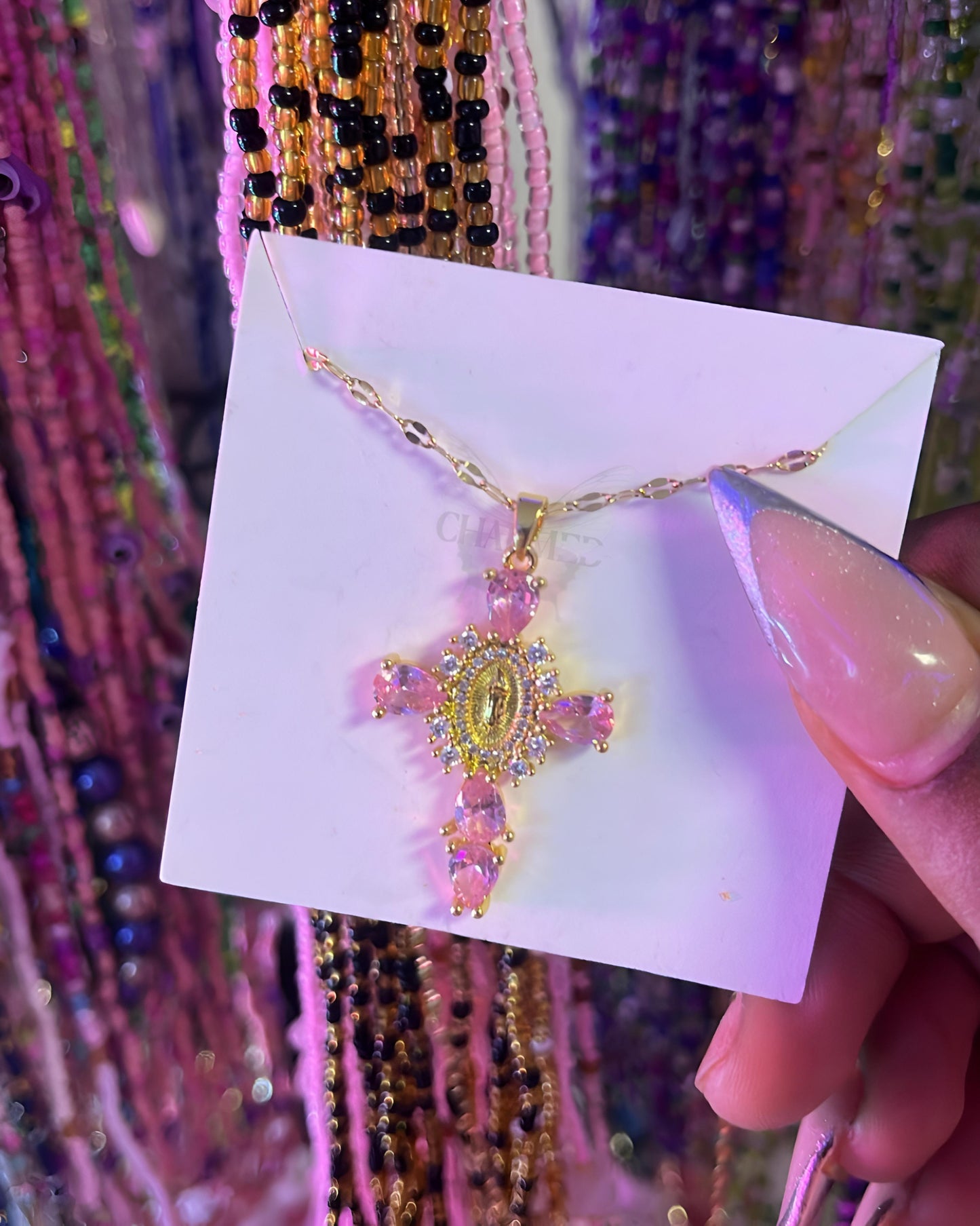Pink Virgencita Cross